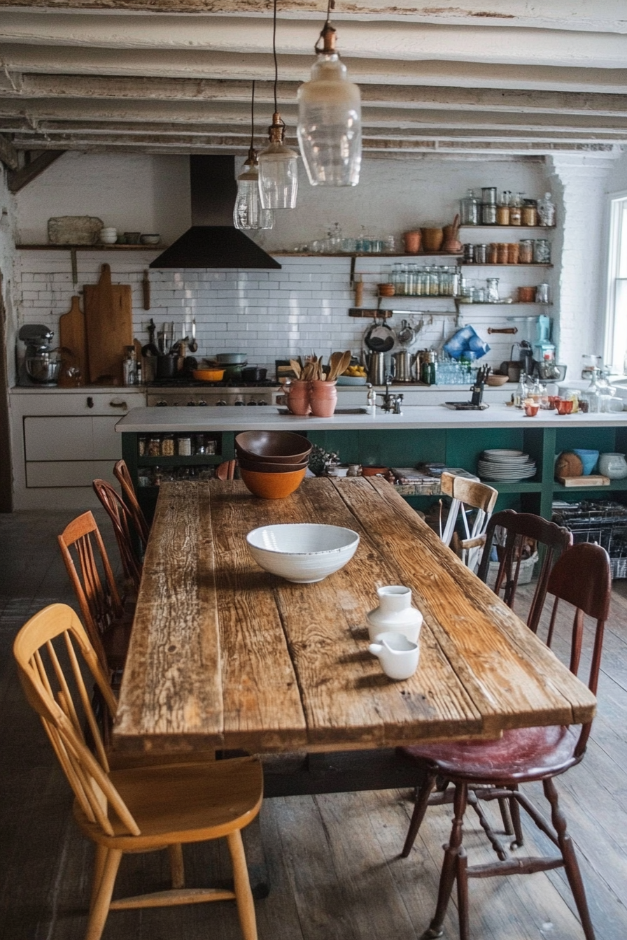 Bohemian Kitchen Style. Reclaimed wood dining table with mismatched chairs.