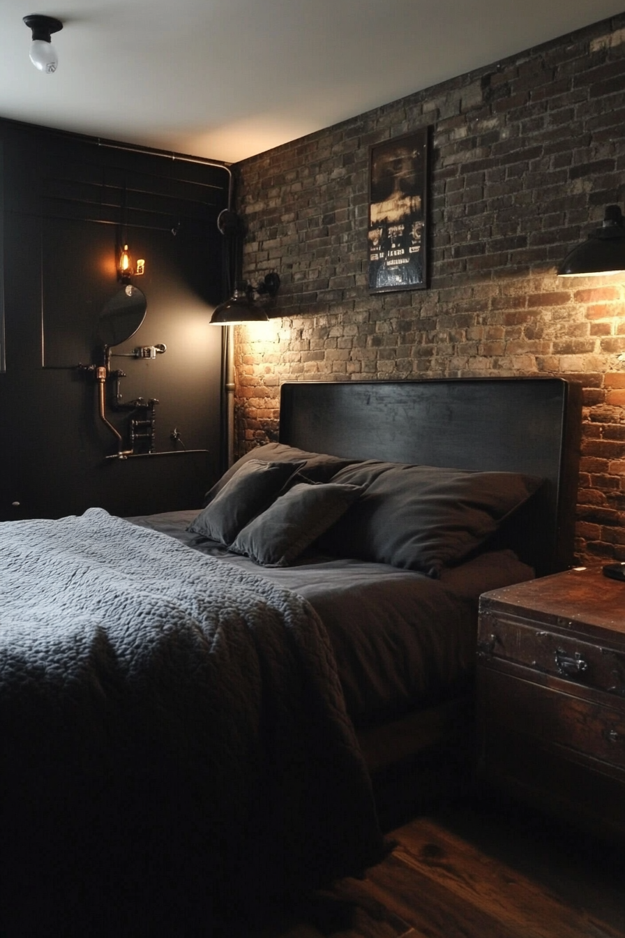 Bedroom design. industrial style with exposed brick wall.