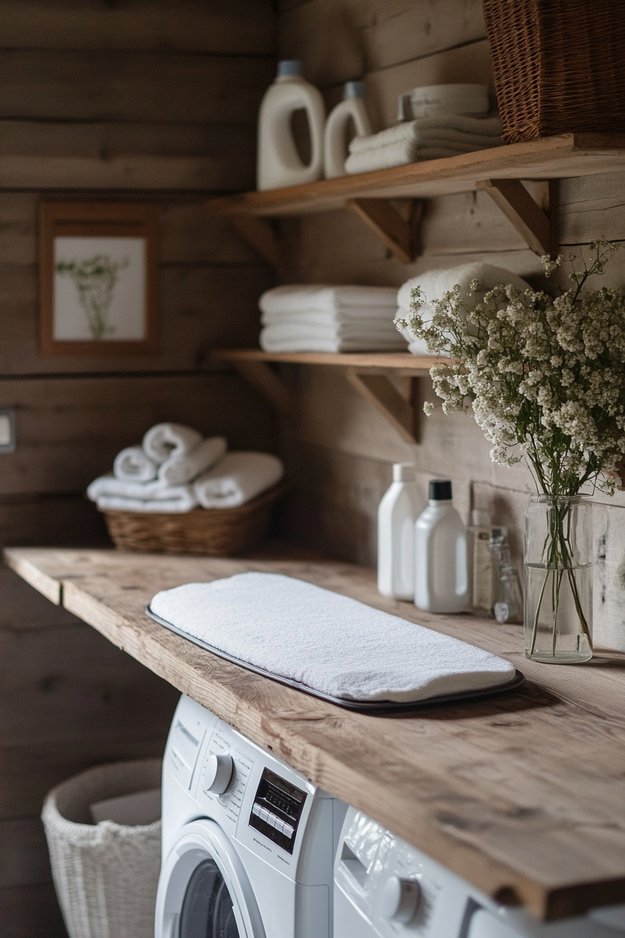 Laundry room. Ironing board, washing machine, vintage wood shelves.