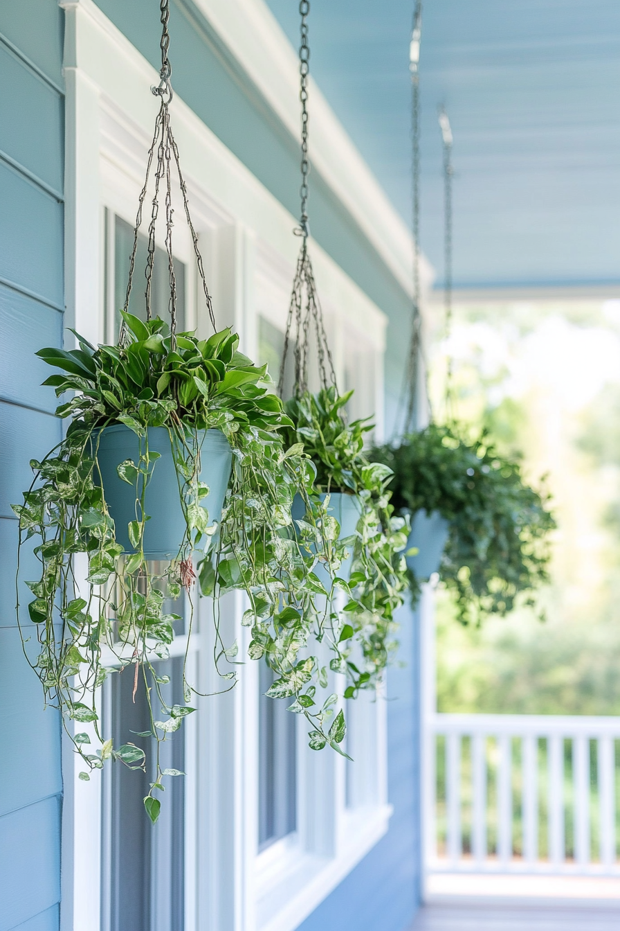 Front porch design. Hanging plants on pastel blue background.