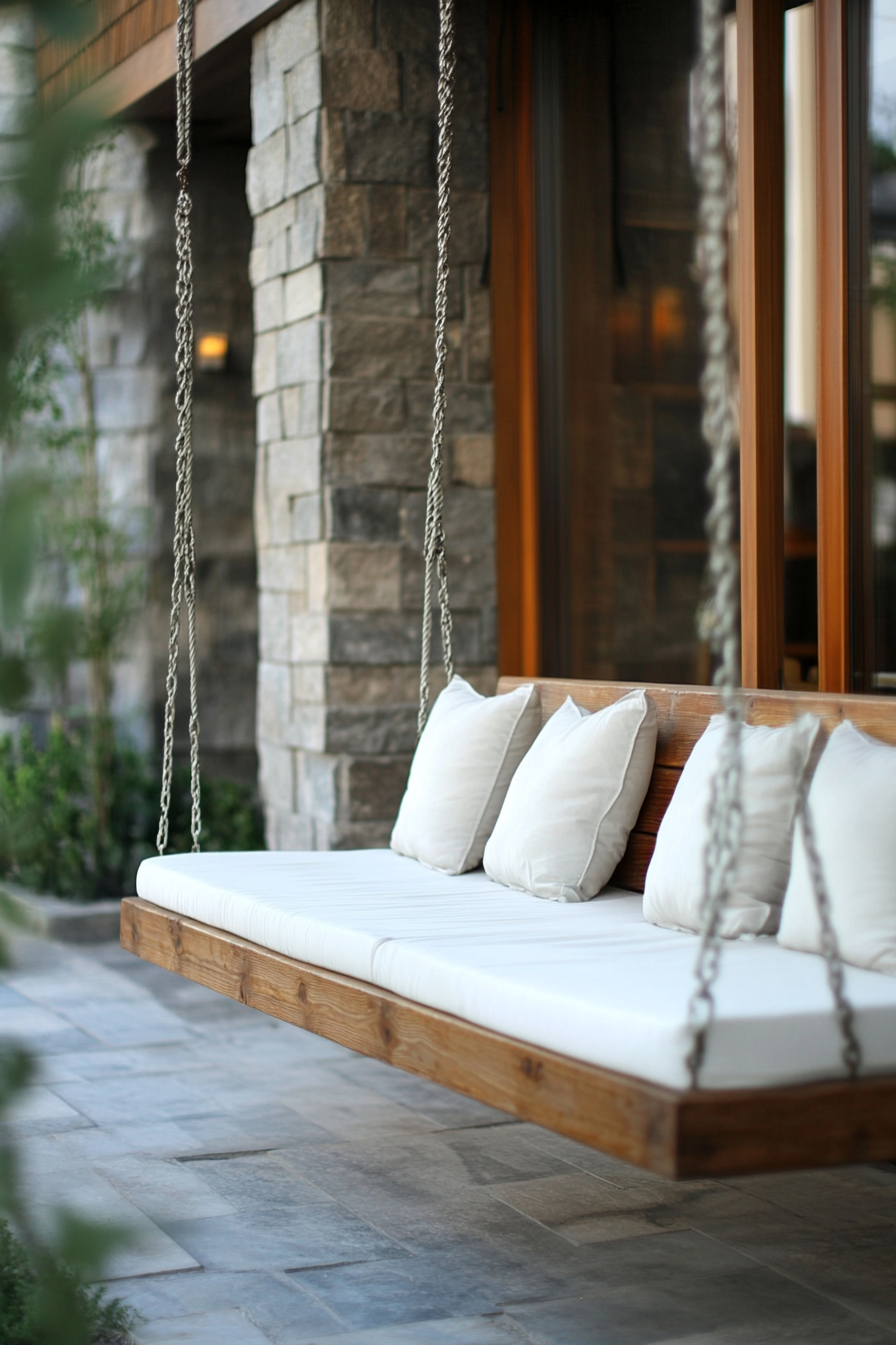 Front porch design. Wooden swing with white throw cushions.