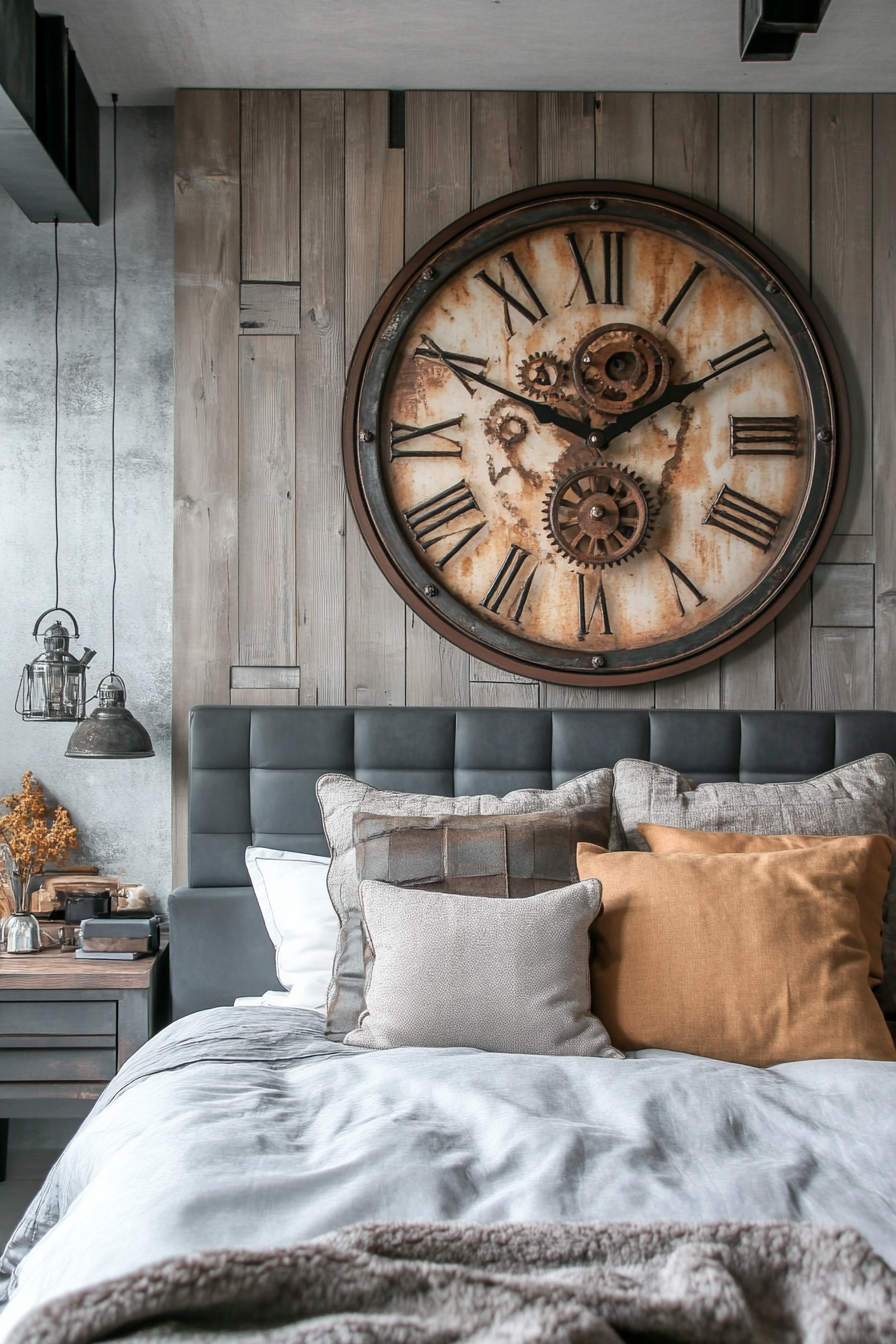 Cottagecore-Industrial bedroom. Pendulum clock with rustic metal gears.