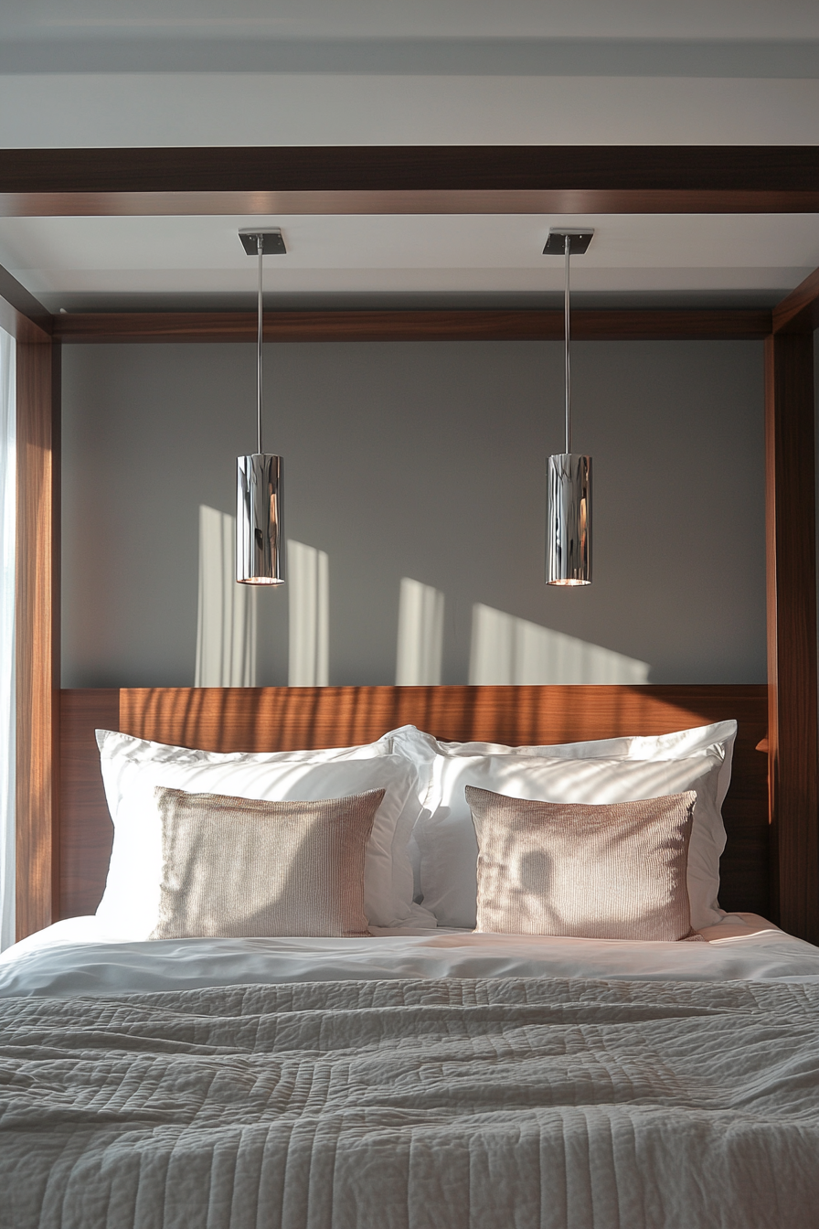 Bedroom design. Twin chrome pendant light over a walnut canopy bed.