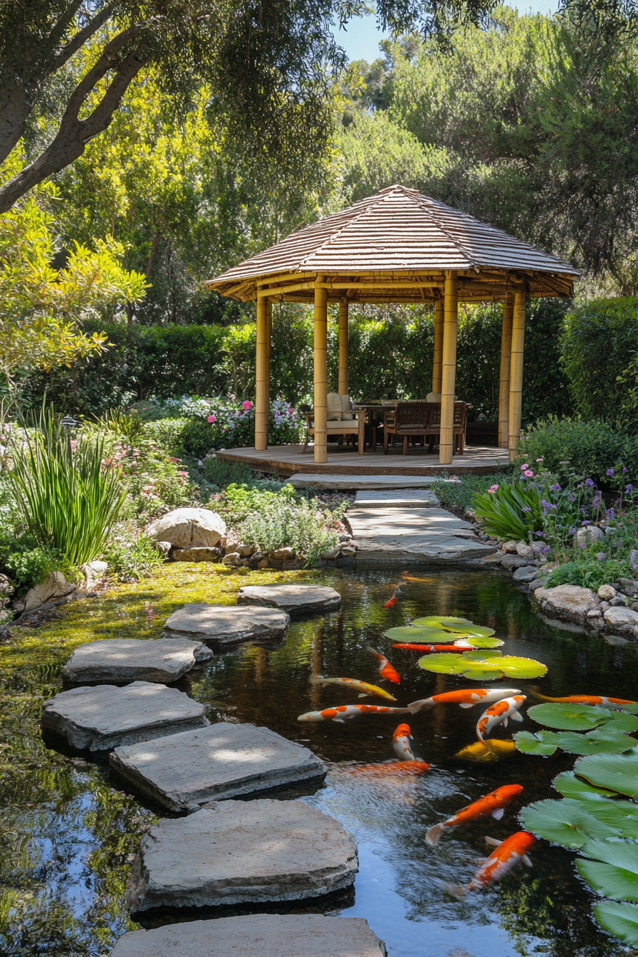 Backyard Garden Retreat. Bamboo gazebo over koi pond with stepping stone pathway.