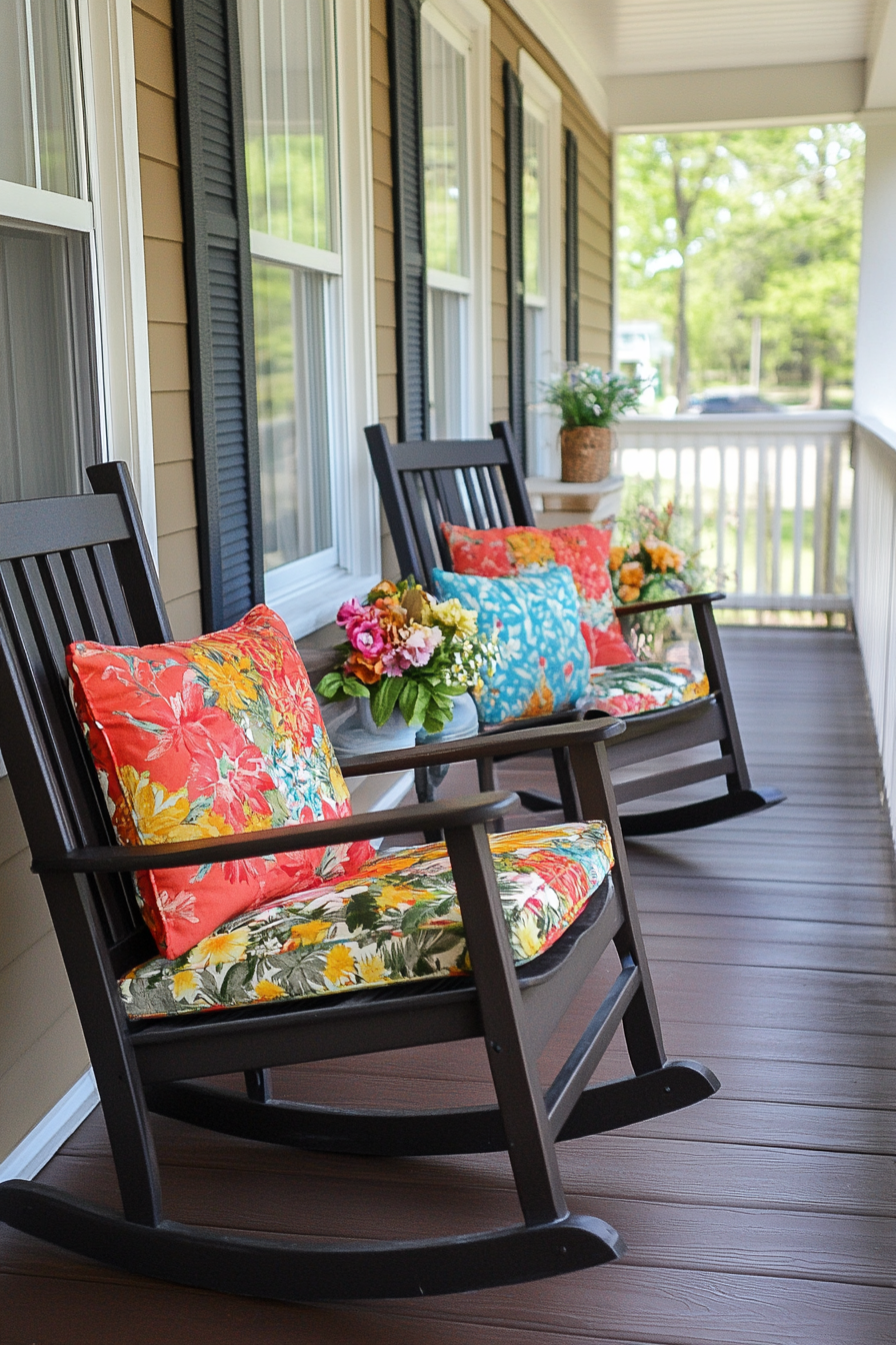 Front porch design. Dark oak rocking chair with colorful floral cushions.