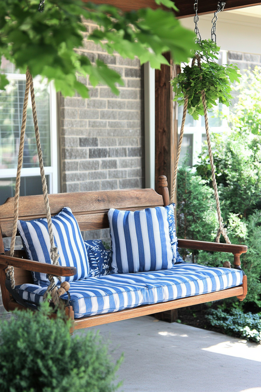 Front porch design. Teak swing chair paired with blue and white striped cushions.