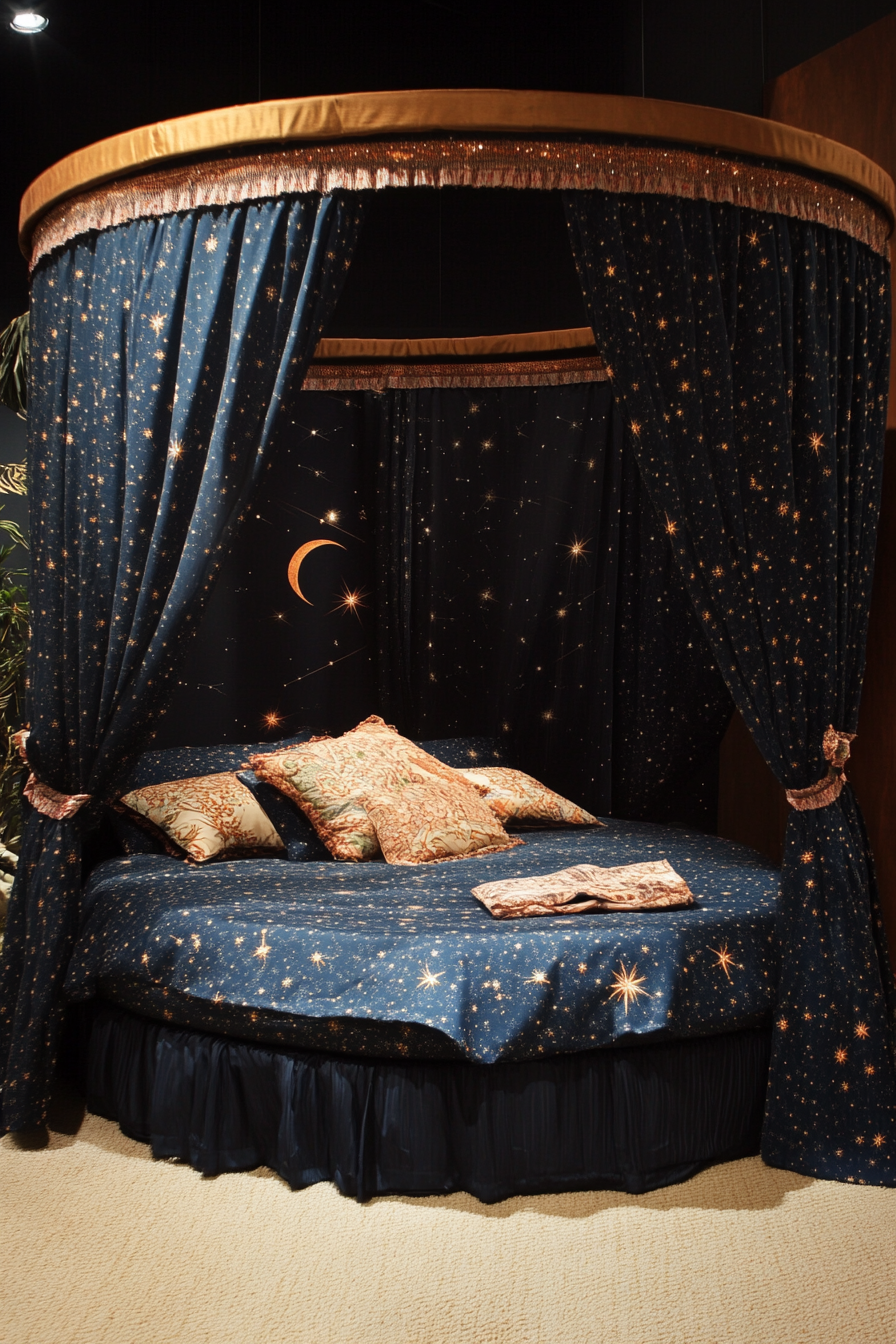 Bedroom Design. Circular canopy bed with constellation pattern drapery.