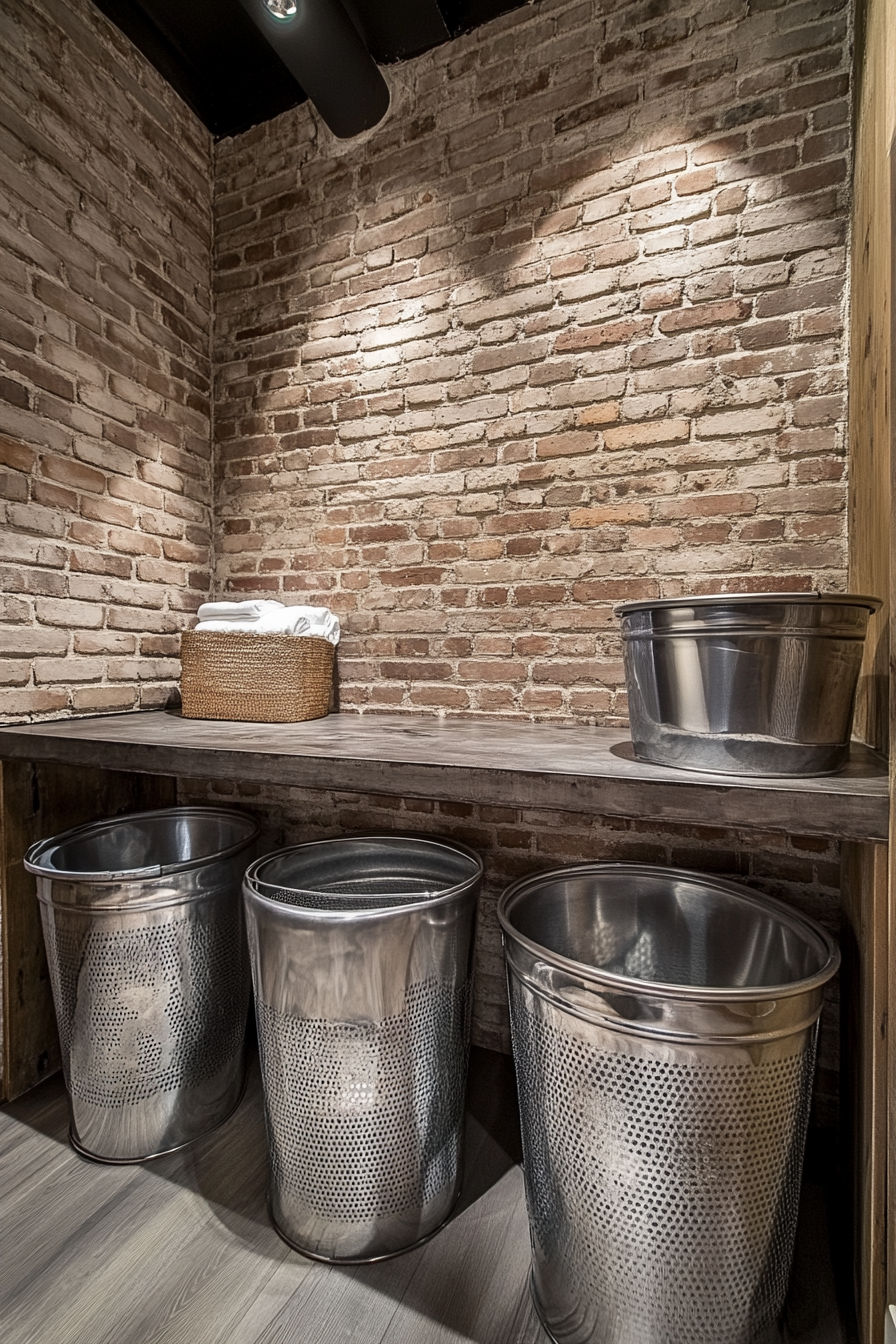 Vintage-Modern Laundry Room. Exposed brick walls and steel laundry baskets.