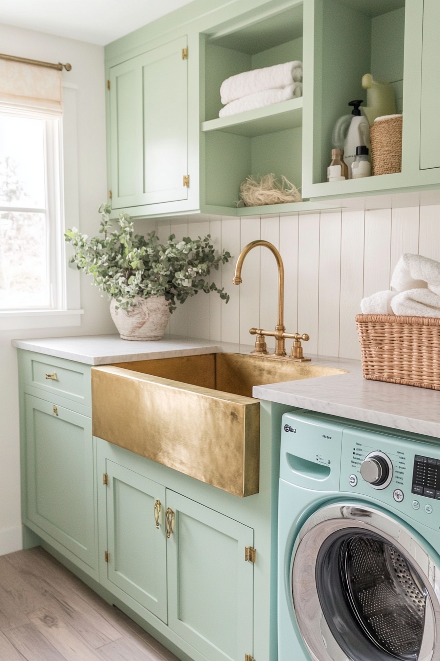 Vintage-modern laundry room. Brass utility sink with pastel blue washer and dryer.