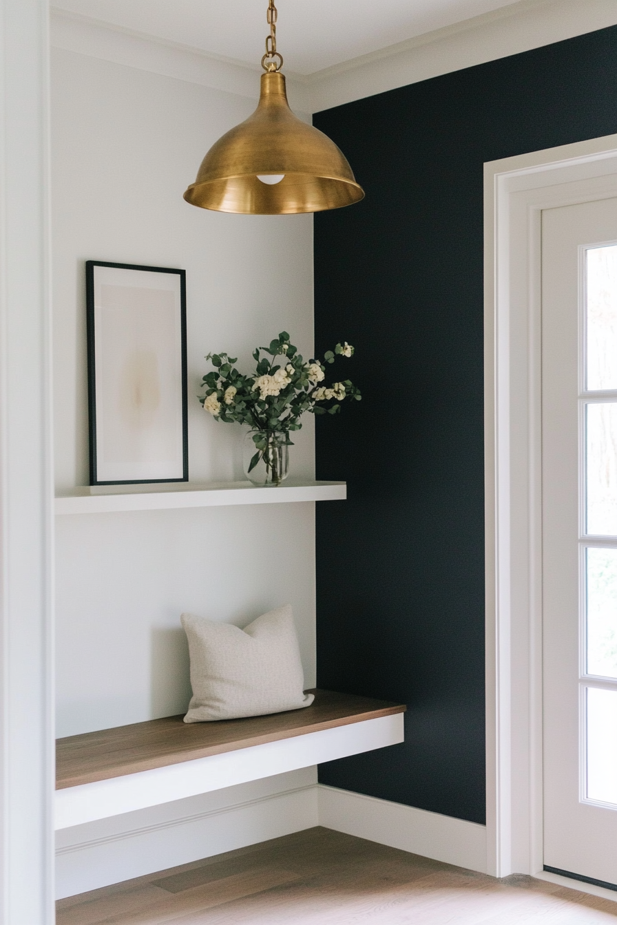 Maximalist-minimalist entryway. Brass pendant light and white floating shelf.