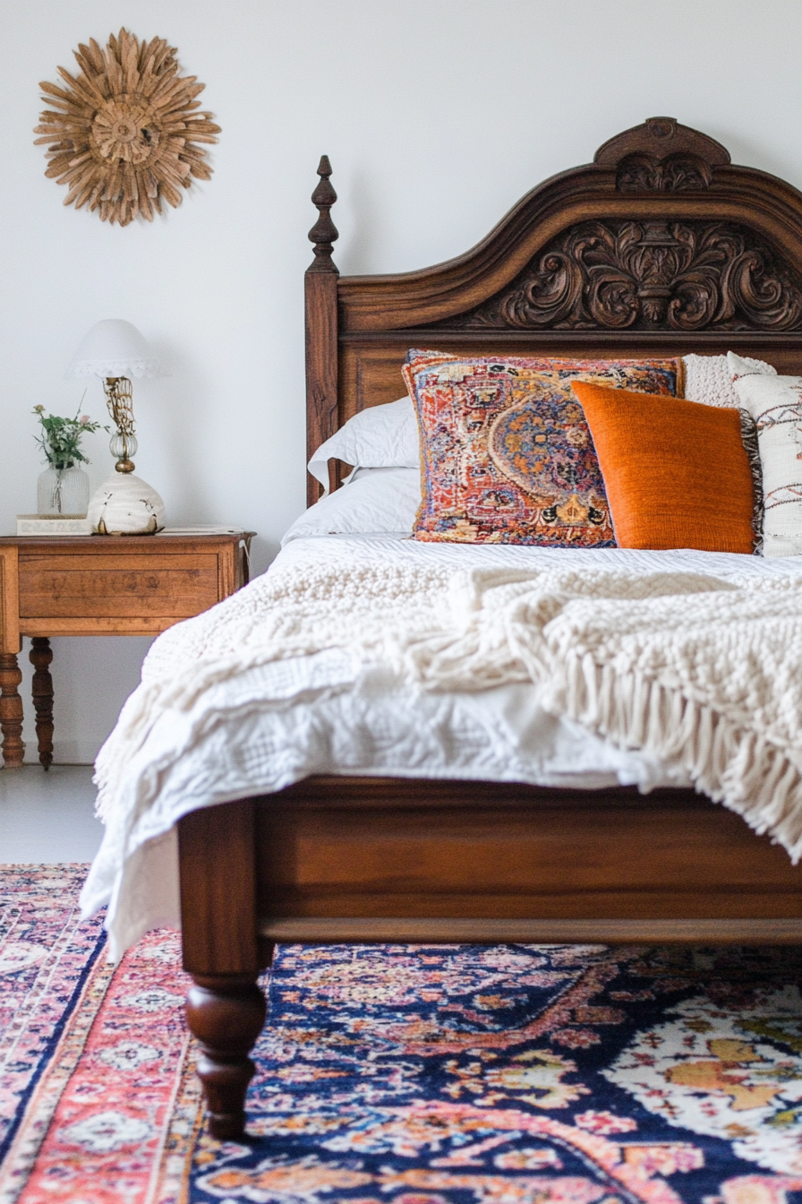 Teen Boho Bedroom Makeover. Vibrant persian rug with exposed, aged wooden headboard.