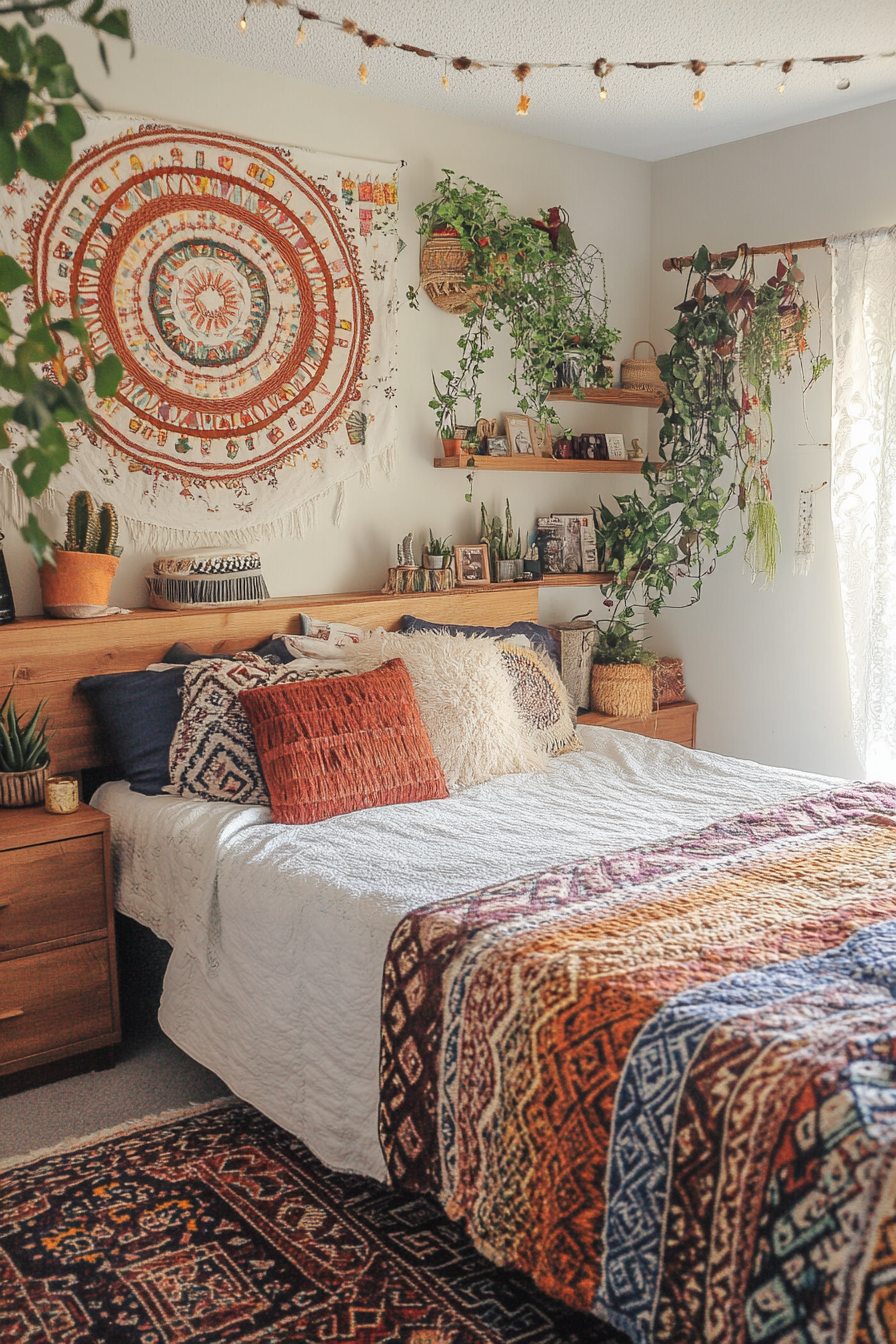 Teen Boho Bedroom Makeover. Patterned tapestries and geometric wooden shelves.