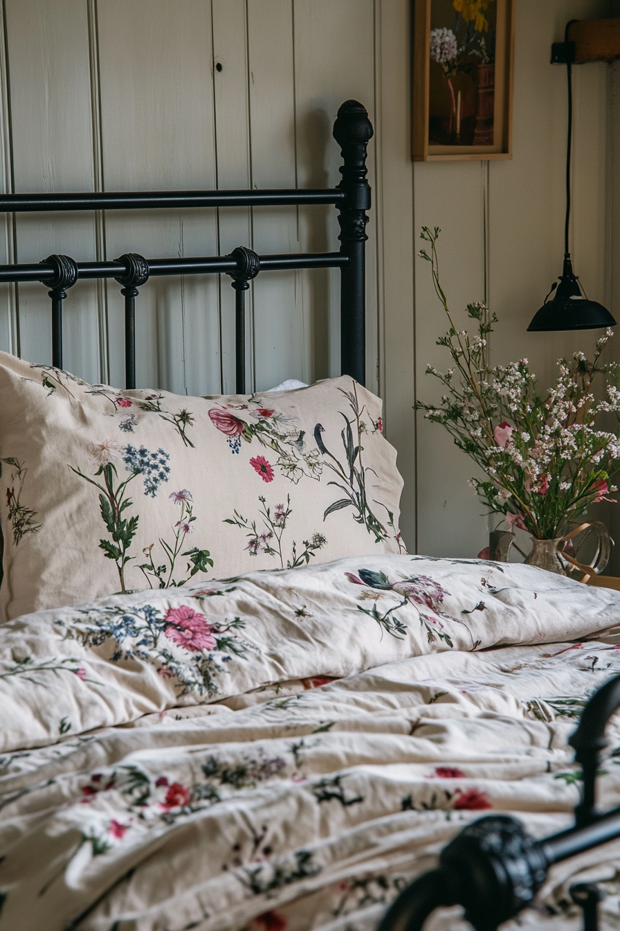 Cottagecore-Industrial bedroom. Cast iron bed with floral comforter.