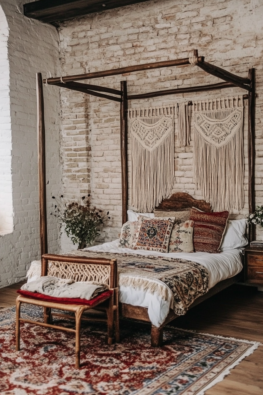 Bedroom design. Bohemian style with hanging macrame artwork.