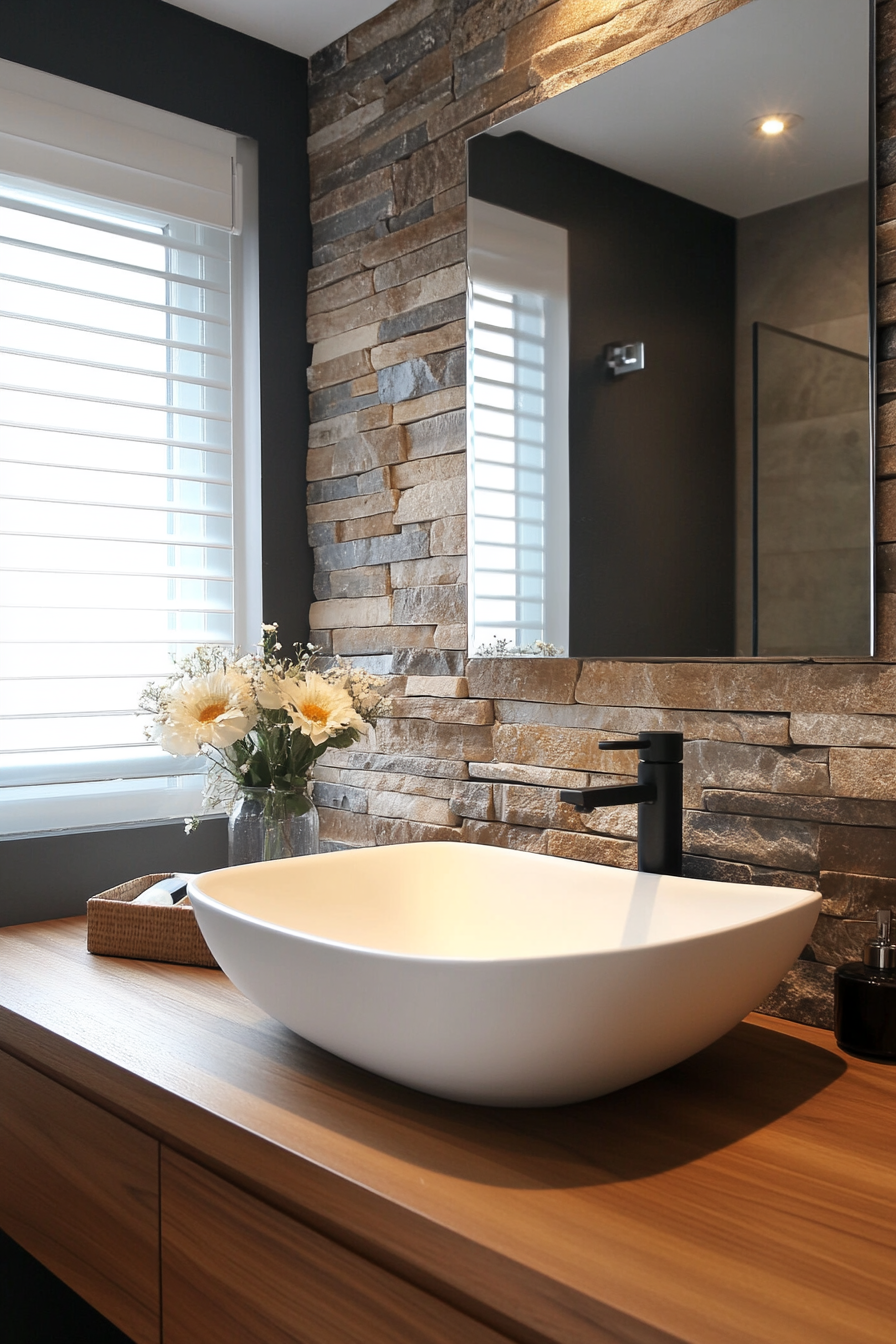 Modern bathroom update. Stone accent wall with teak countertop.