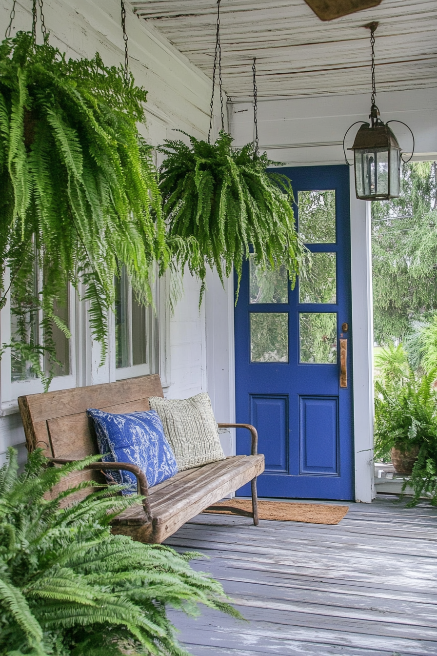 Front porch design. Hanging ferns with rustic wooden bench and cheerful cobalt blue door.