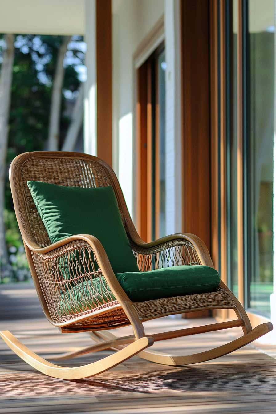 Front porch design. Natural teak wood rocking chair with a green cushion.