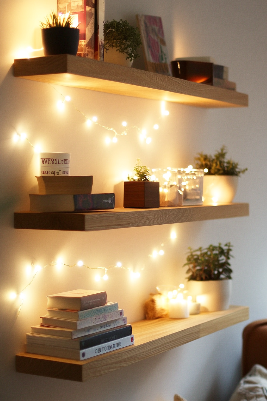 Creative bedroom design. Floating shelves with fairy lights.