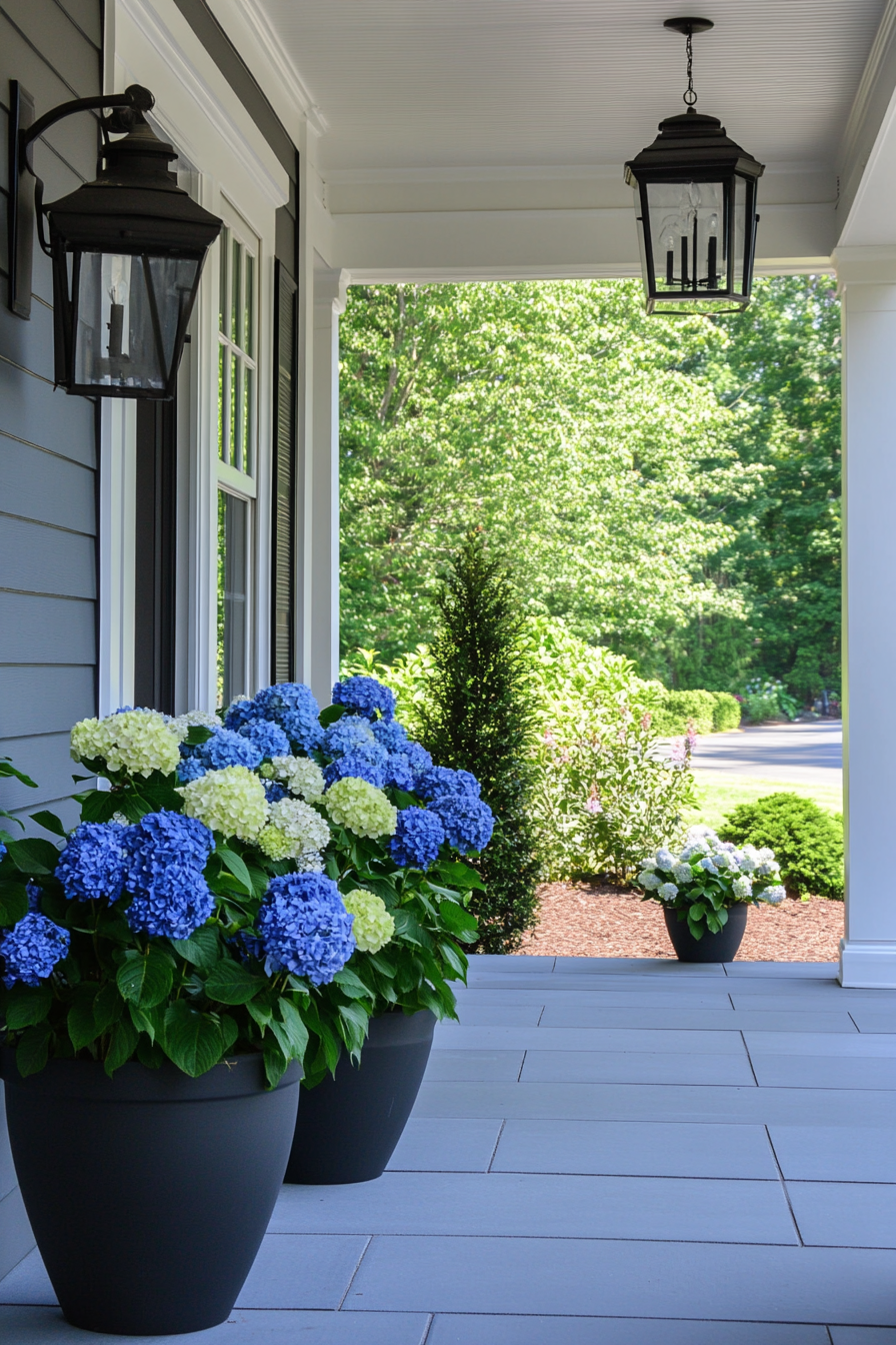 Front porch design. Planters with blooming hydrangeas.