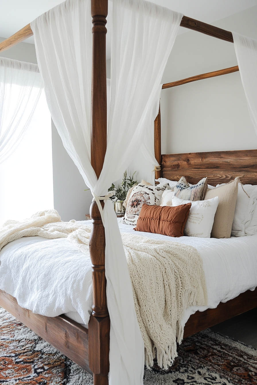 Teen Boho Bedroom Makeover. White canopy above rustic four-post bed.