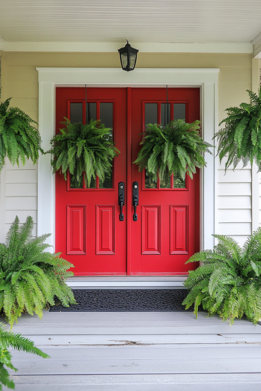 Front porch design. Bright red double entry door embellished with hanging ferns.