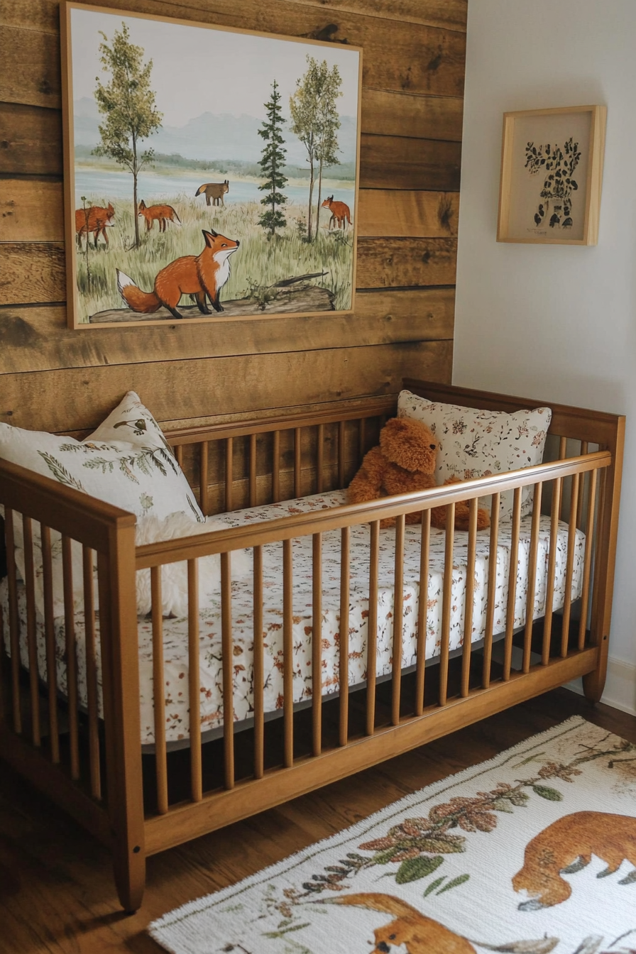 Woodland nursery. Oak crib with fox-patterned bedding.