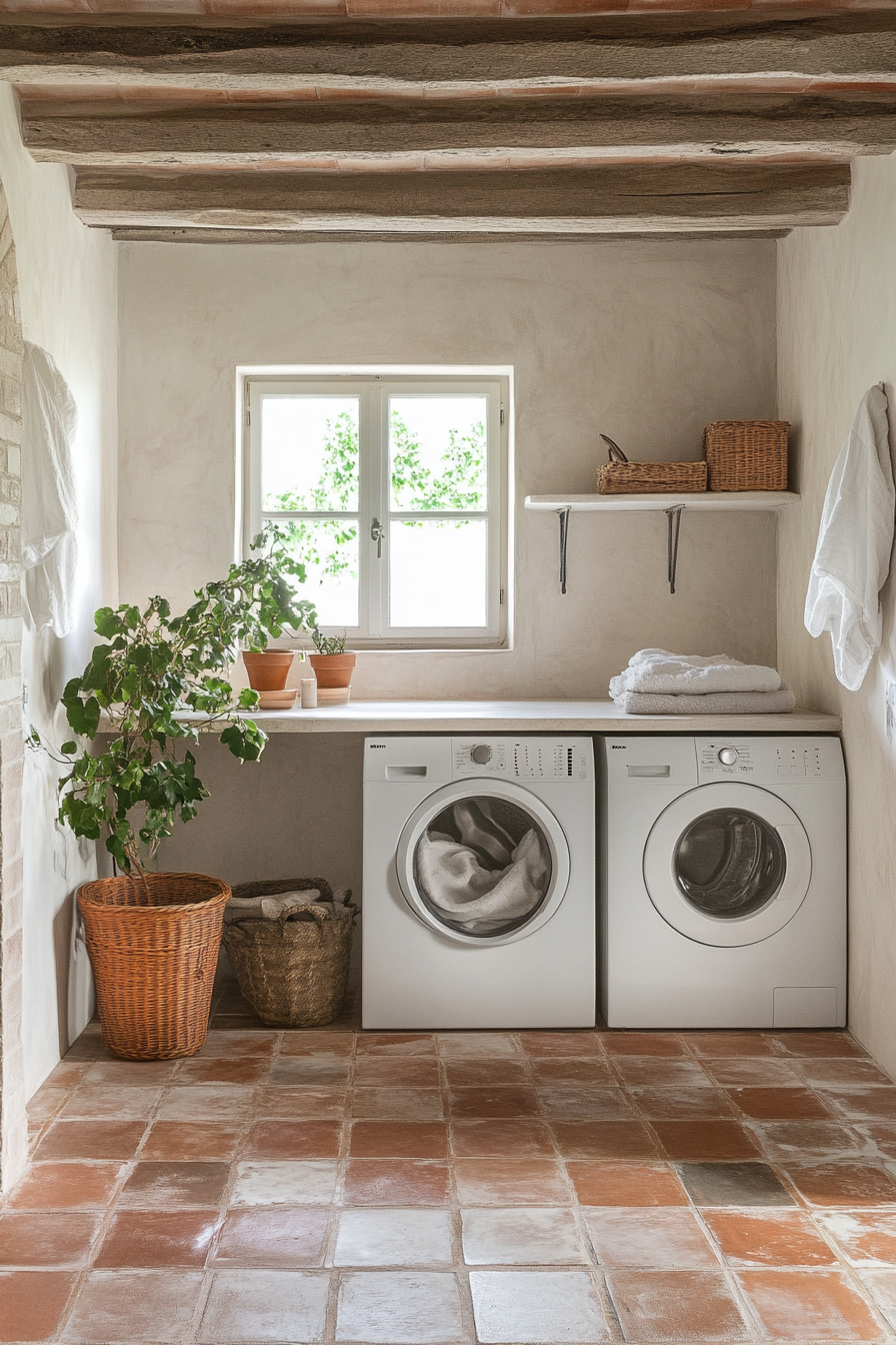 Vintage-Modern Laundry room. Terracotta tiles with washed white walls.