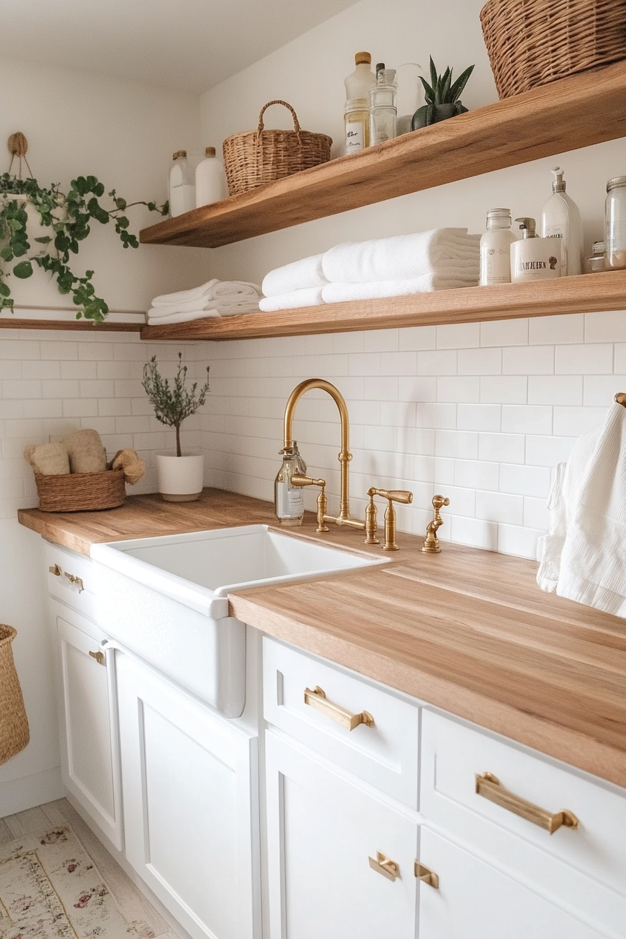 Vintage-Modern laundry room. Wooden shelves, brass fixtures, white farmhouse sink.