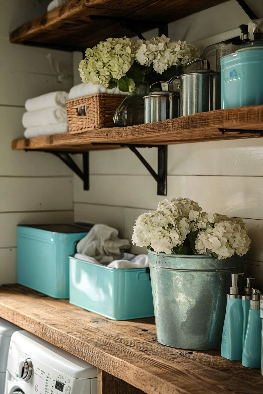 Vintage-modern laundry room. Wooden shelving with turquoise tin accessories.