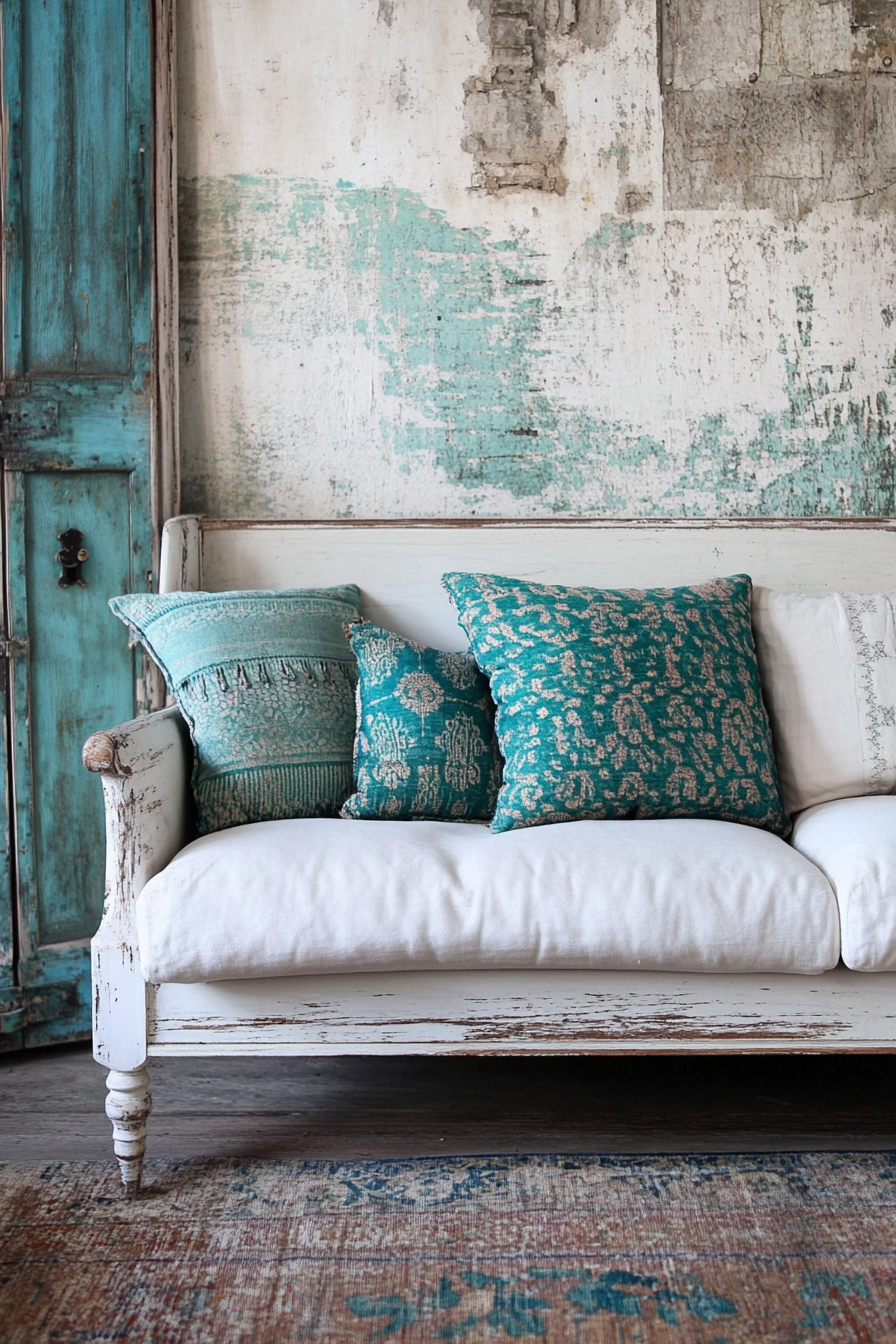 Boho-Farmhouse living space. Distressed white sofa with turquoise patterned throw pillows.