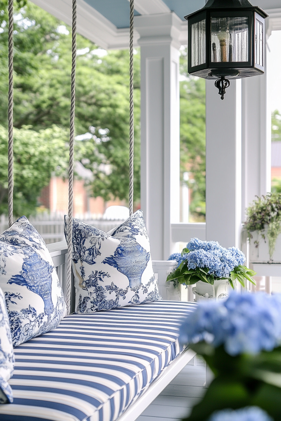 Front porch design. Cushioned swing with blue and white striped pattern.