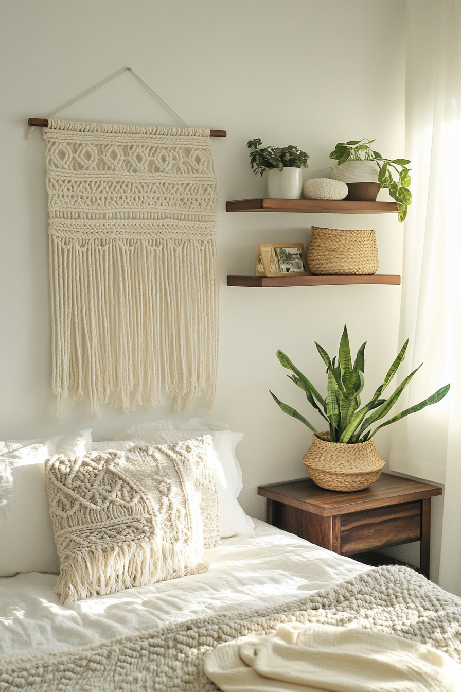 Teen Boho Bedroom Makeover. Macrame wall hanging next to mid-century floating shelf.