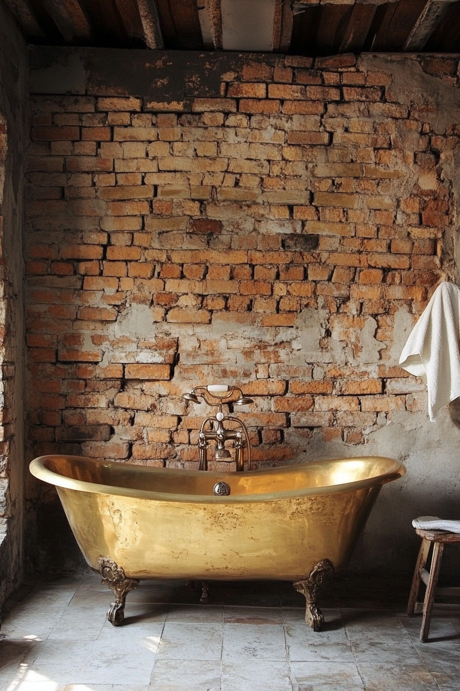 Glam-Rustic Bathroom. Brass freestanding tub against a raw brick wall.