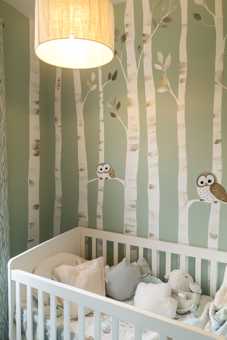 Woodland nursery. Light green mural with painted birch trees and sleeping owls.