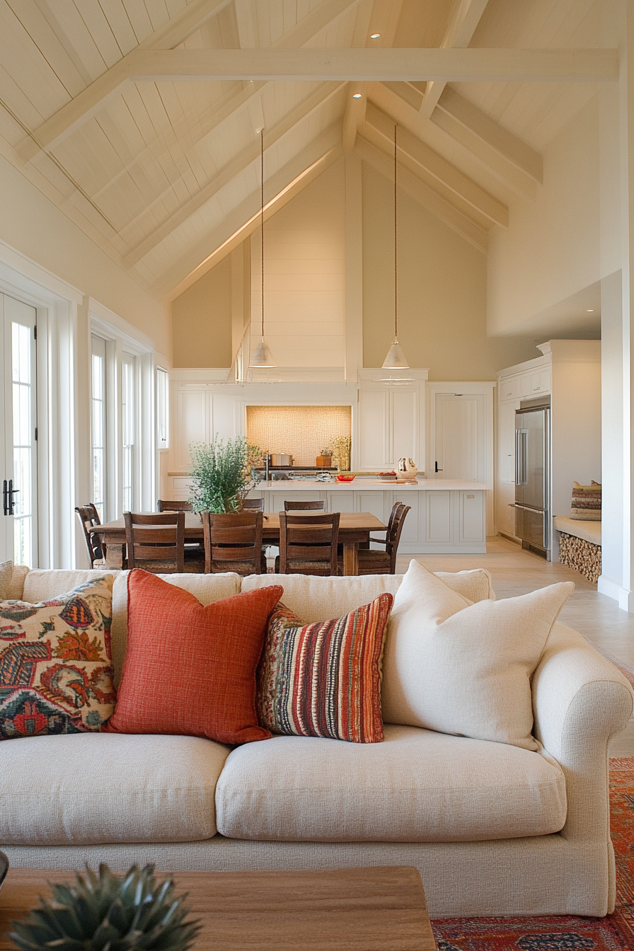 Boho-Farmhouse Living Space. Neutral-toned upholstery with colorful bohemian pillows.