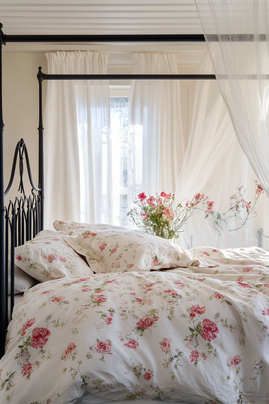 Bedroom design. Iron canopy bed with floral printed bedding.