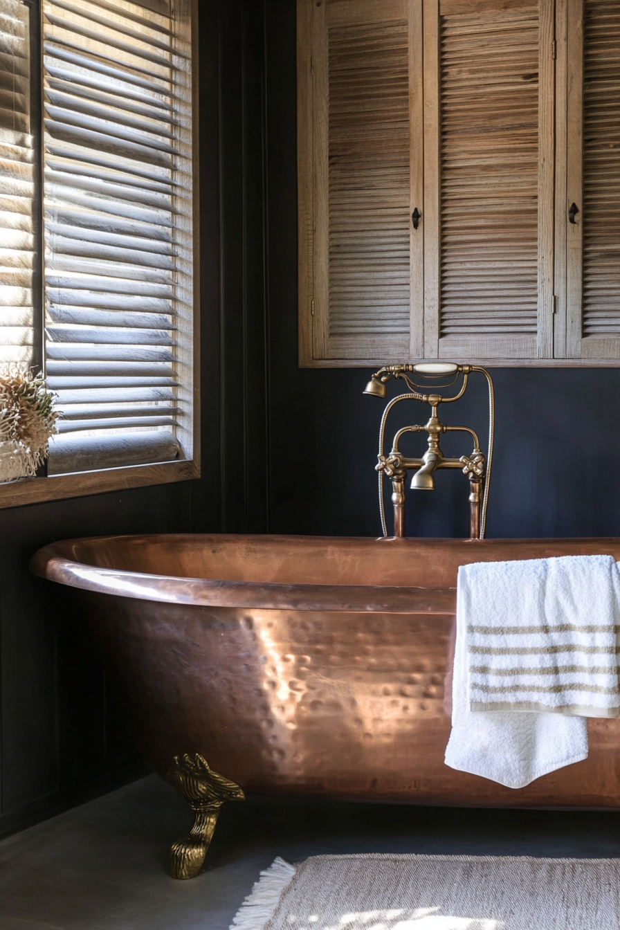 Glam-Rustic Bathroom. Copper freestanding bathtub with antique brass fixtures.