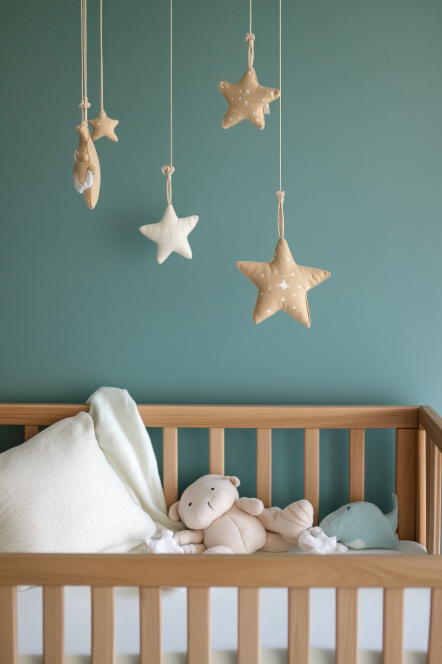 Contemporary baby room. Pastel turquoise wall with wooden crib and star-themed mobile.