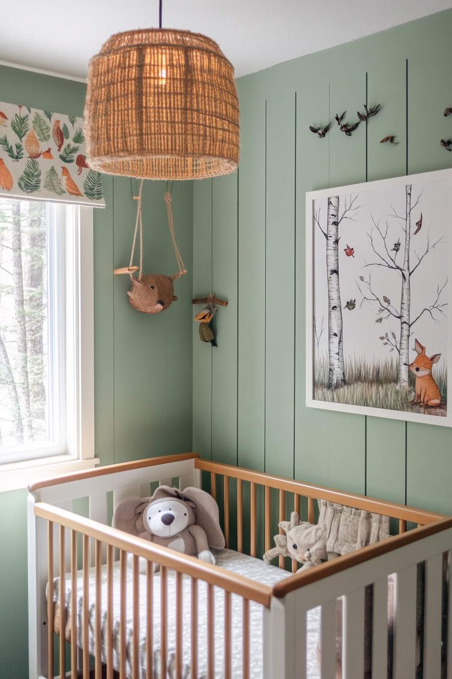 Woodland nursery. Pale green walls with painted forest critters.