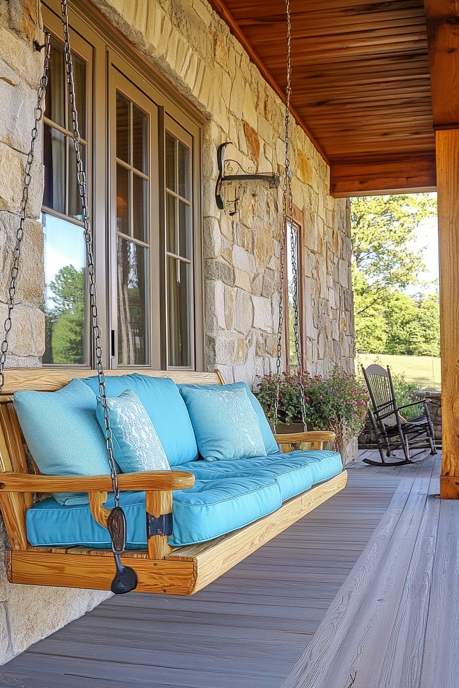 Front porch design. Swing bench with sky-blue cushions.