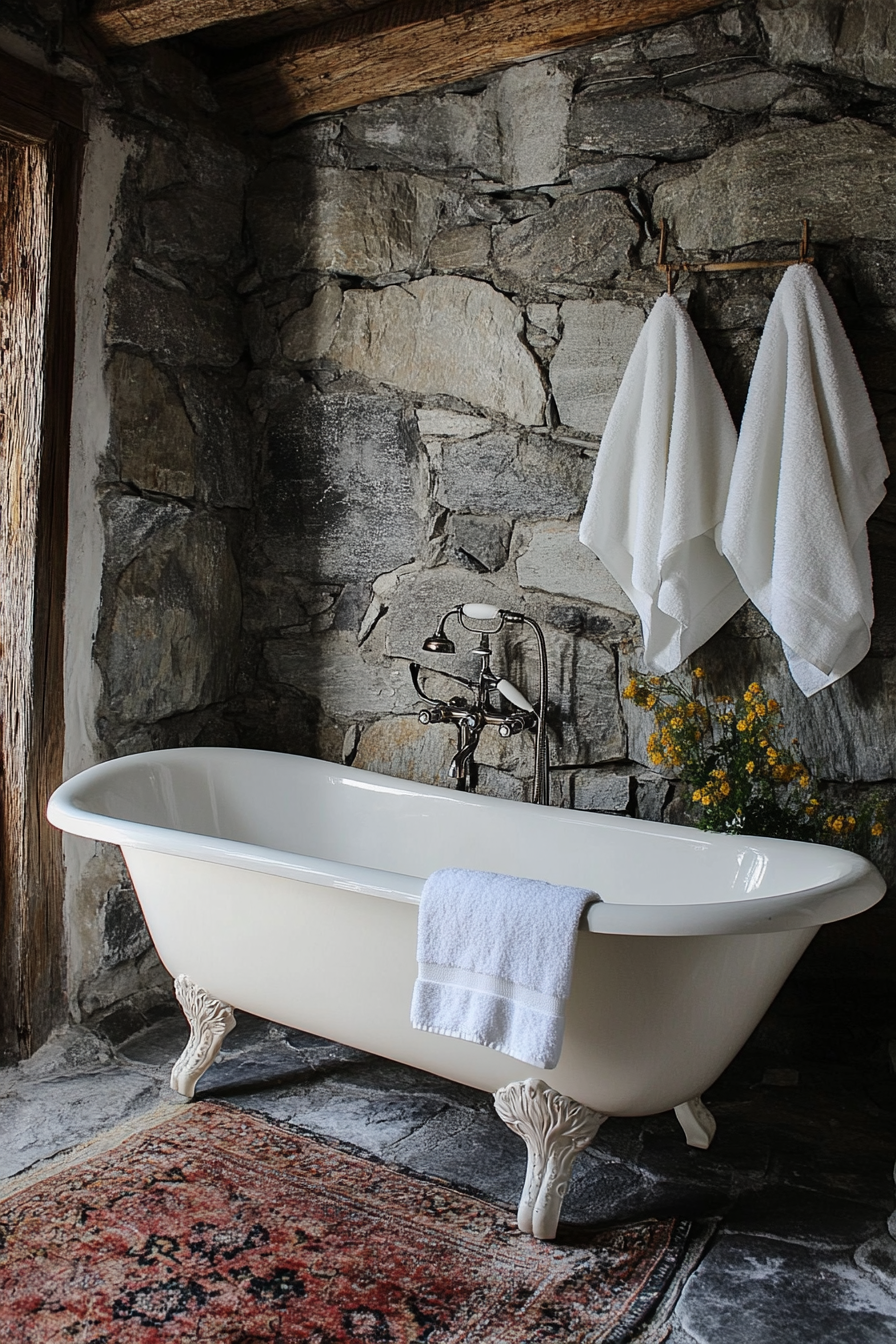 Glam-Rustic Bathroom. Vintage claw-foot tub against uneven-stone walled backdrop.