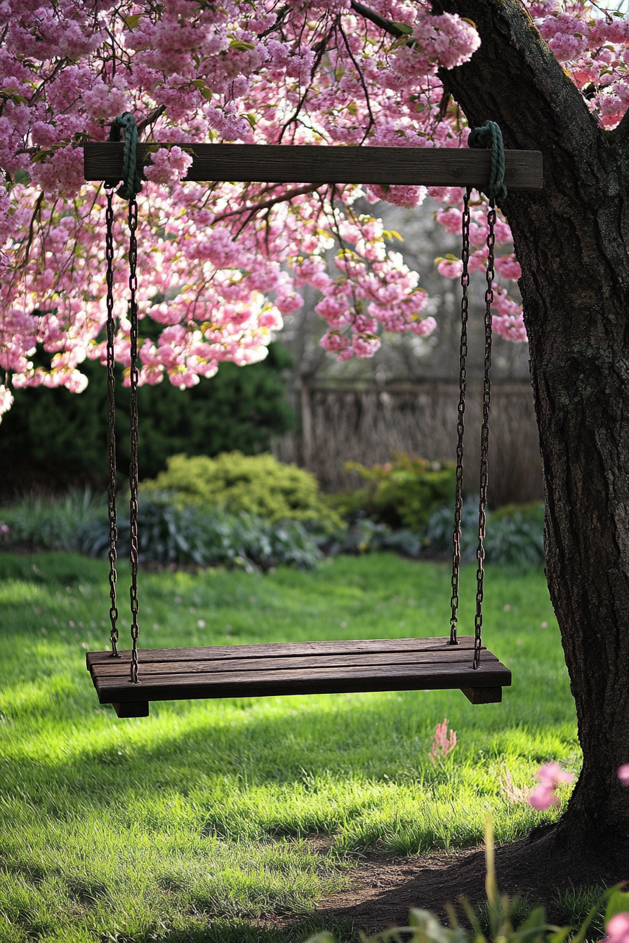 Backyard garden retreat. Personalized wooden tree swing amidst cherry blossoms.