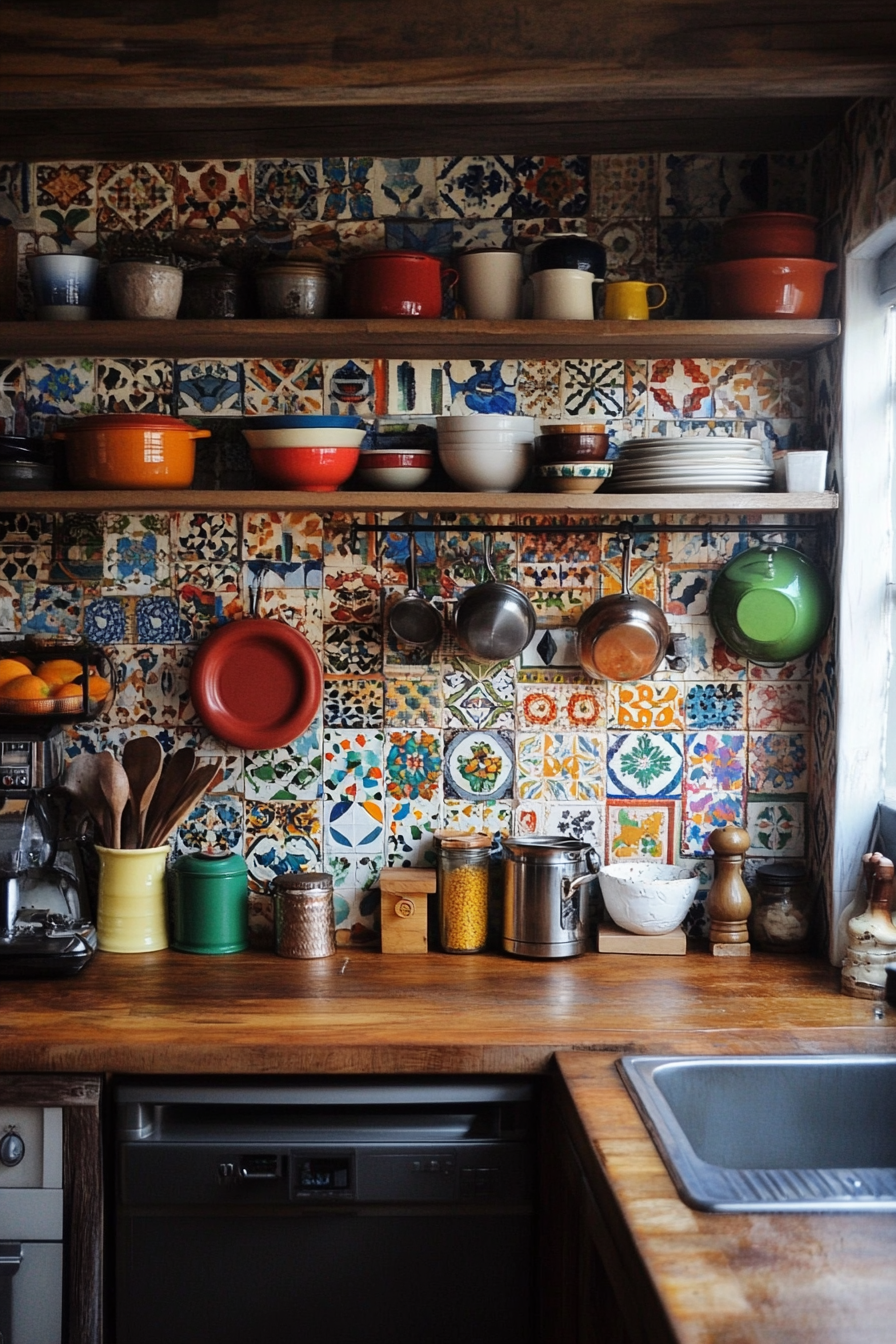 Bohemian style kitchen. Mosaic tile backsplash with eclectic open shelves.