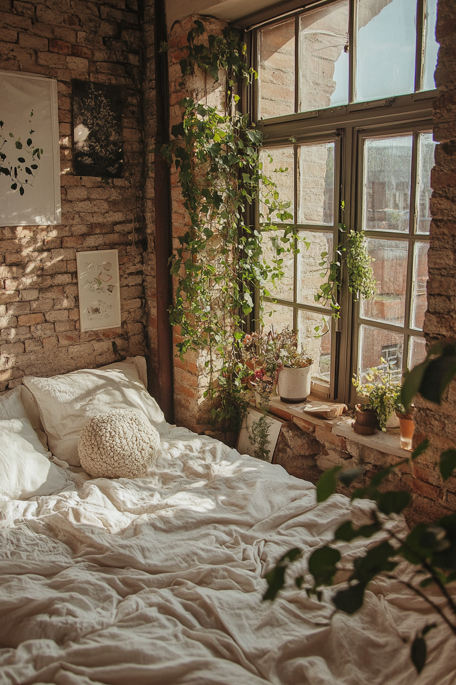 Cottagecore-Industrial bedroom. Exposed brick wall with climbing ivy.