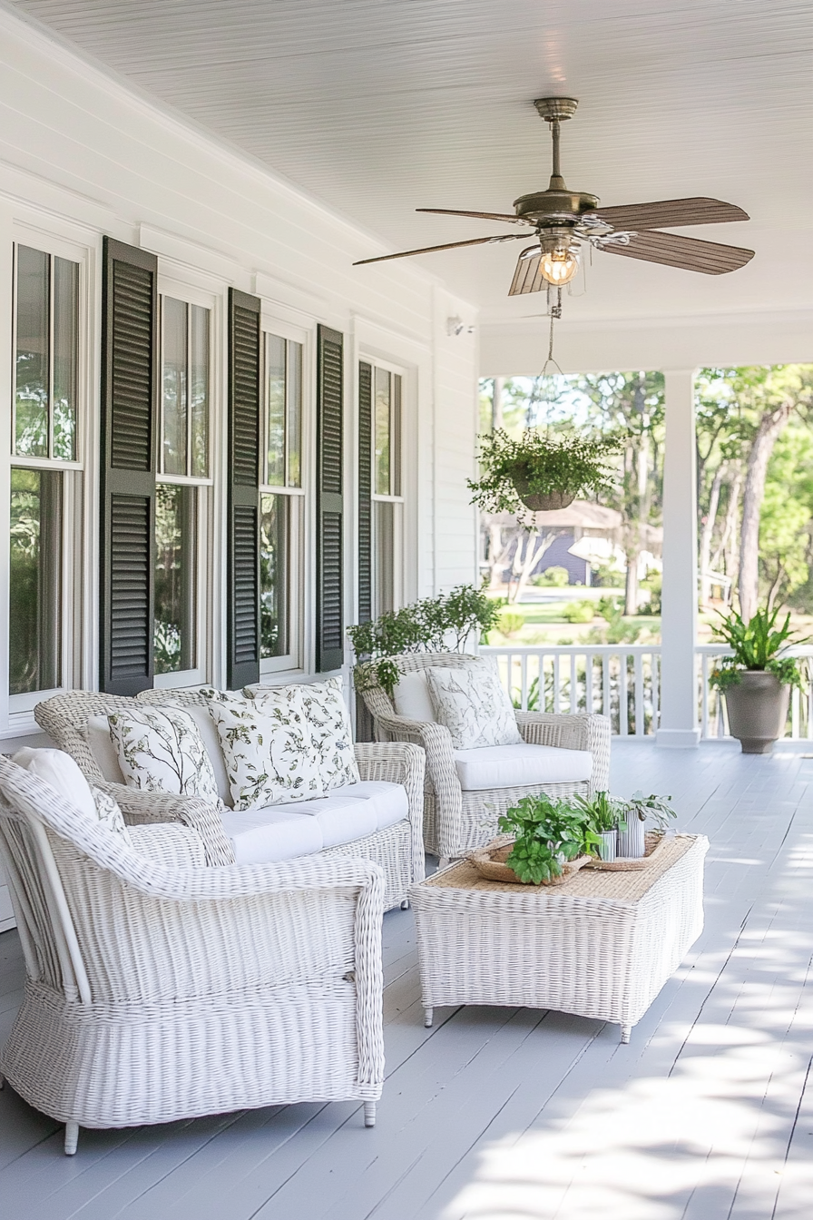 Front porch design. White wicker furniture with lightly patterned pillows.