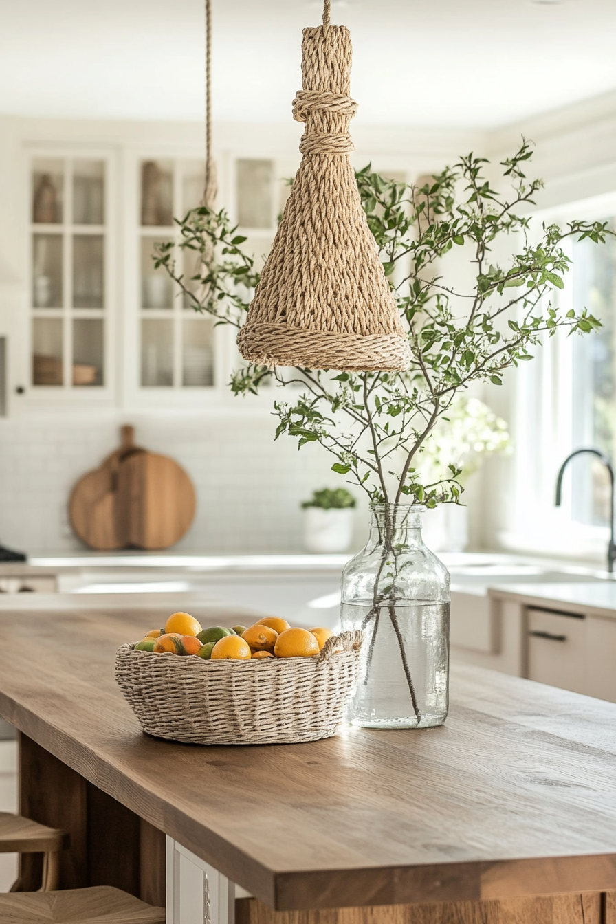 Kitchen style. Wooden island with macrame fruit basket.