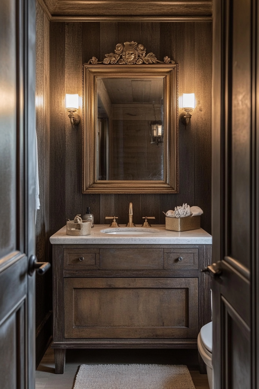 Glam-Rustic bathroom. Wood vanity with gold framed mirror.