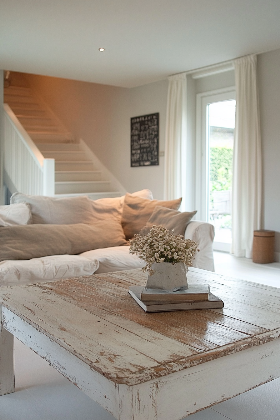 Living space. Wooden coffee table with white distressed paint.