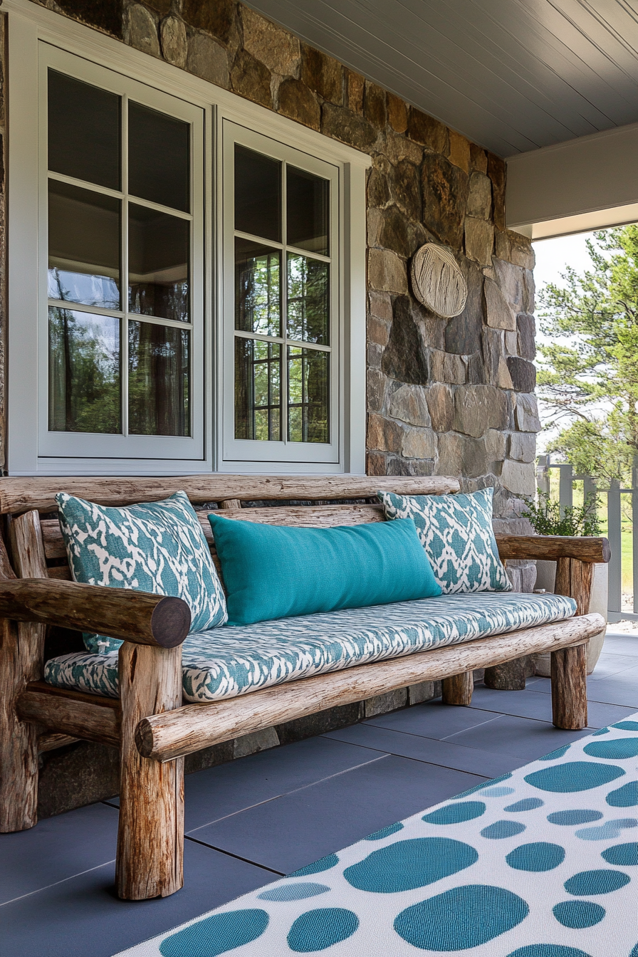 Front porch design. Rustic oak bench with turquoise outdoor cushions.