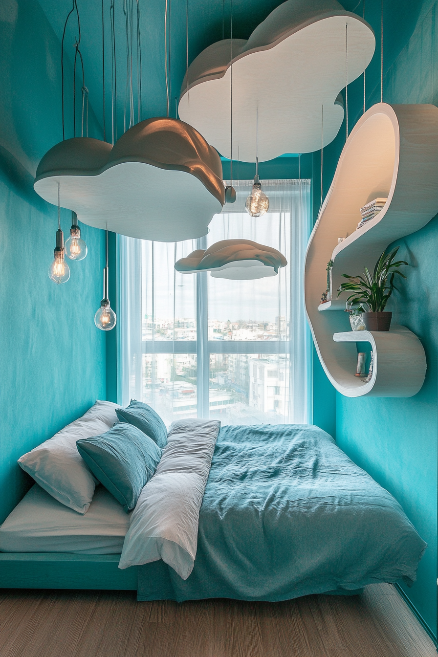 Bedroom design. Turquoise walls with suspended cloud-shaped shelves.